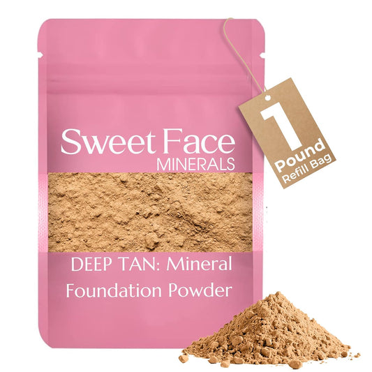 (1 Pound) (Deep Tan) Foundation Powder Refill By Sweet Face Minerals, Lightweight Mineral Loose Makeup Powder with SPF 20, Full Coverage Flawless Finish, Talc-free, Cruelty-Free, Refillable Pouch